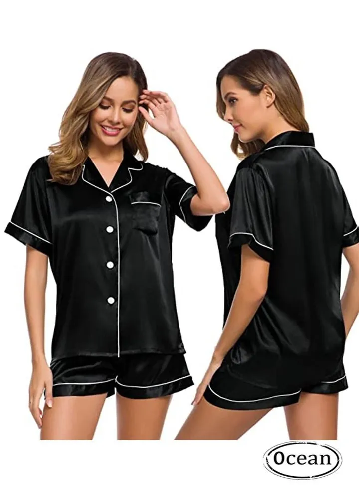 2 Piece Womens Lapel Silk Satin Pajamas Set