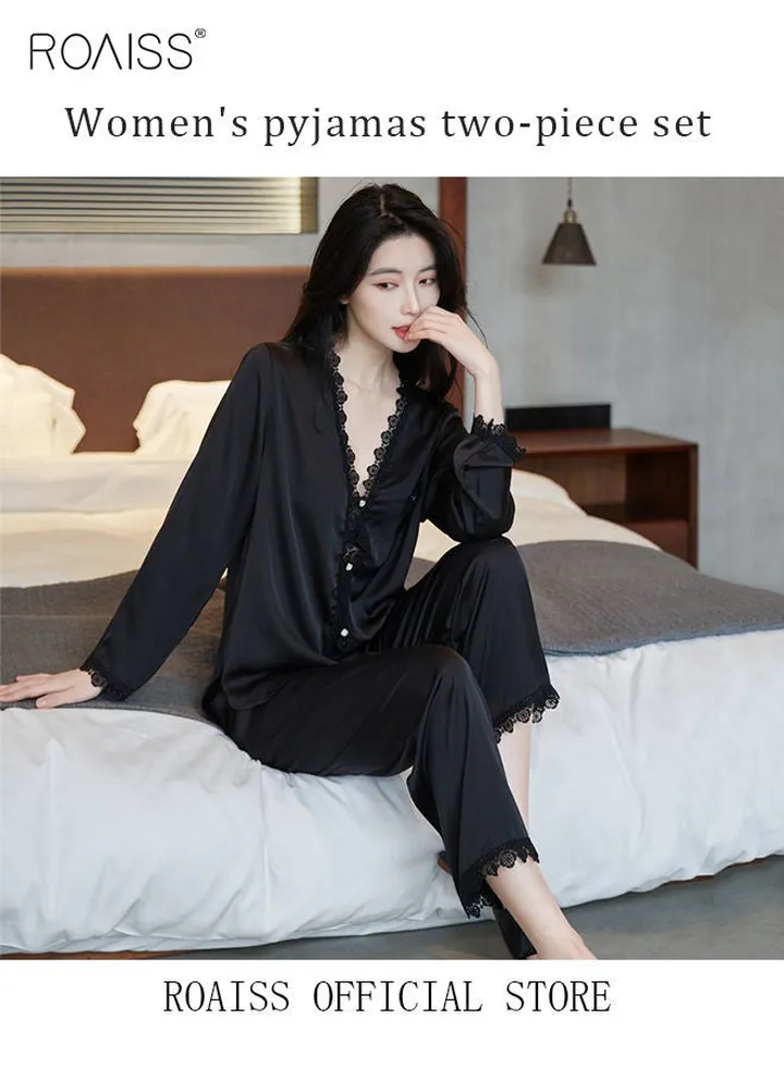 V-Neck Pajama Set for Ladies Silk Lace Long Sleeve Pajama Sleep Pants gift for Girlfriend Wife Spring Summer Loungewear Nightwear for Women