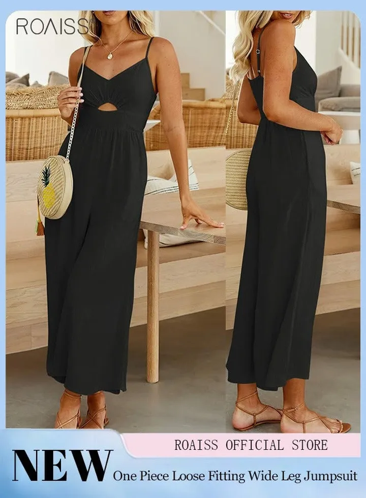 Women's V Neck casual jumpsuit Summer fashion suspender pleated high waist Rompers