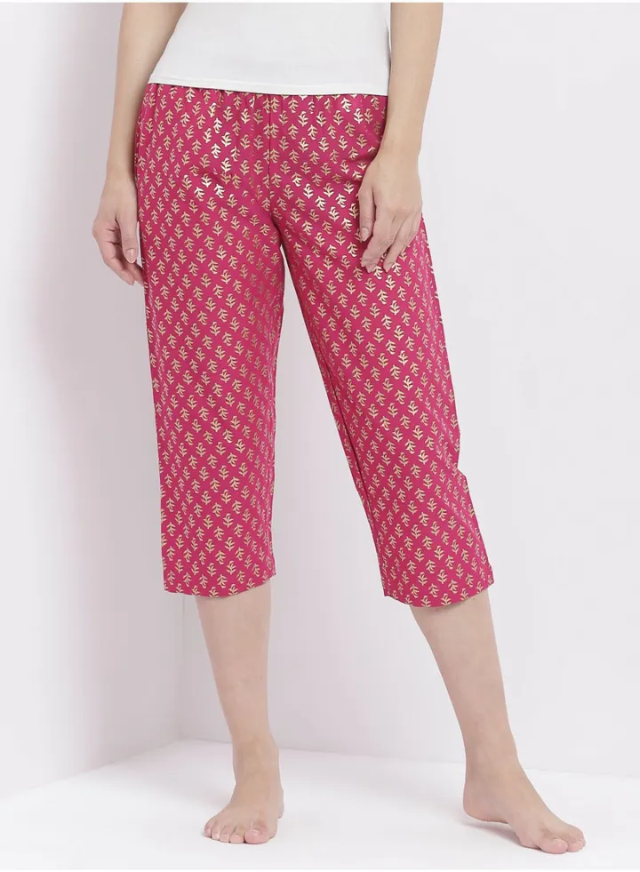 Casual Comfortable Relaxed Fit Three Quarter Pyjama Pants With Matching Scrunchie Fuchsia