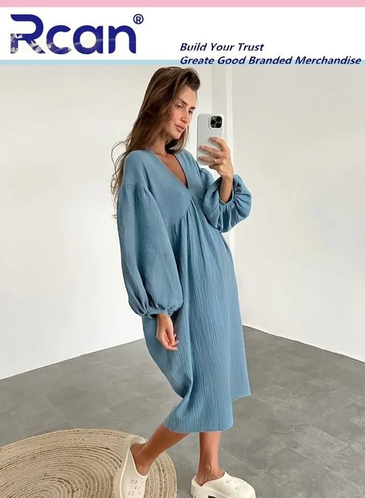 V Neck Cotton Long Sleeve Nightgown Loose Breathable Home Clothes Can Go Out Soft Skin Friendly Simple Casual Skirt Large Size Suitable for Women
