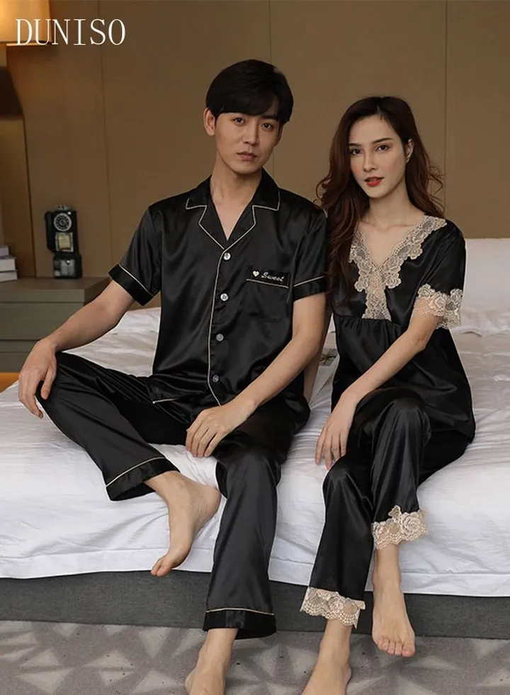 Couples Pajamas Set Silky Sleepwear 2 Piece Short Sleeve Sleepwear For Men and Women Summer Pajama Set Nightwear Loungewear Pajama Sets for Boyfriend Girlfriend Husband and Wife