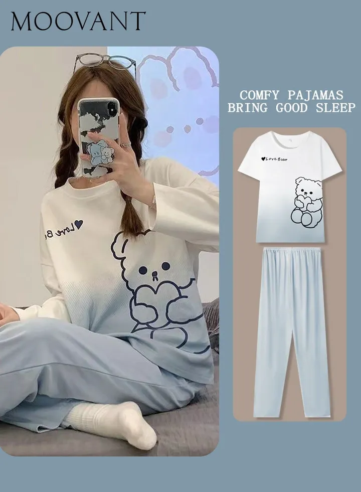2-Piece Women's Pajamas Set Long Sleeve Pants Skin Friendly Home Wear Sleepwear Soft Cute Sweet Pajamas set Loungewear White/Blue