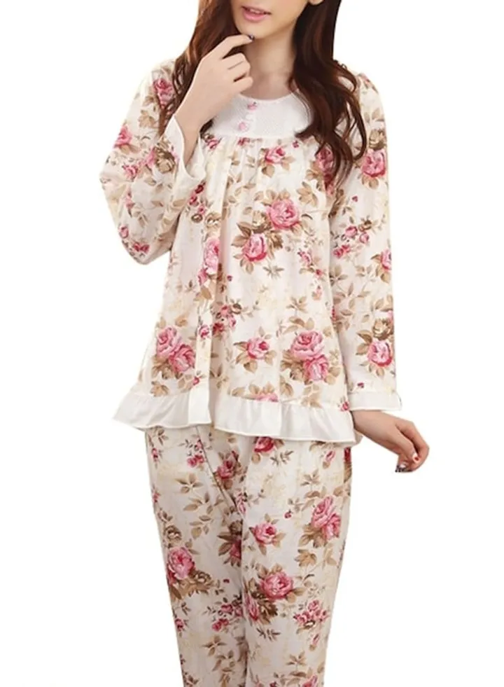 Floral Pajamas Set Beige/Pink/Brown