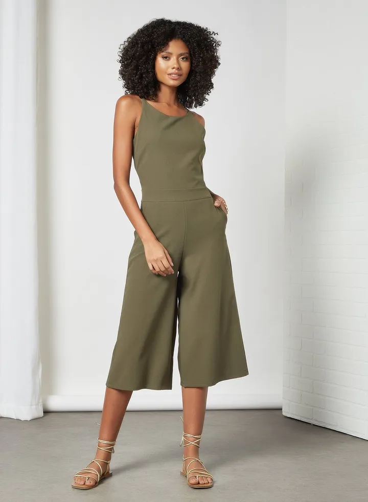 Round Neck Culotte Jumpsuit Green