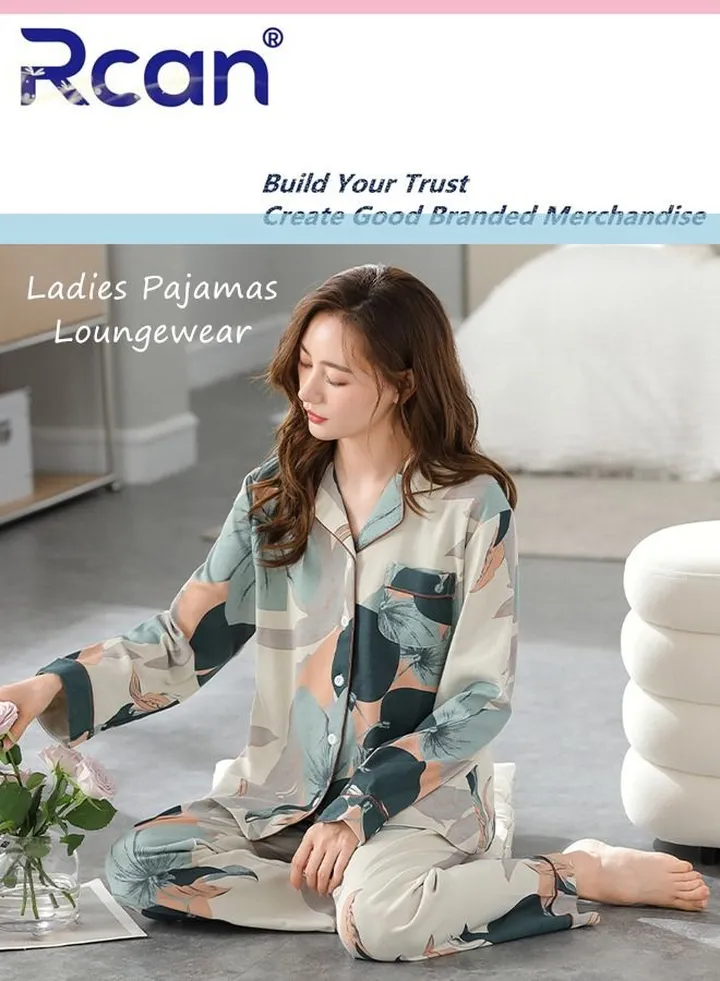 2 Piece Set V Neck Ice Silk Satin Pajamas Printed Long Sleeve Cardigan Buttoned Sleepwear With Pockets Soft Breathable Wearable Casual Nightgown Pants Set for Women