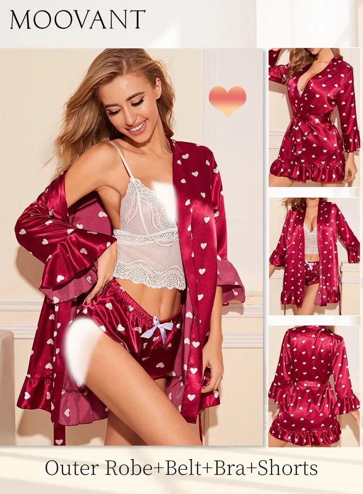 4-Piece Women's Pajamas Nightwear Set Love-heart Printing Home Wear Clothes Suits Sleepwear Silk Satin Bathrobe Set Ladies Lingerie Robe Belt Underwear Panties Suits Red
