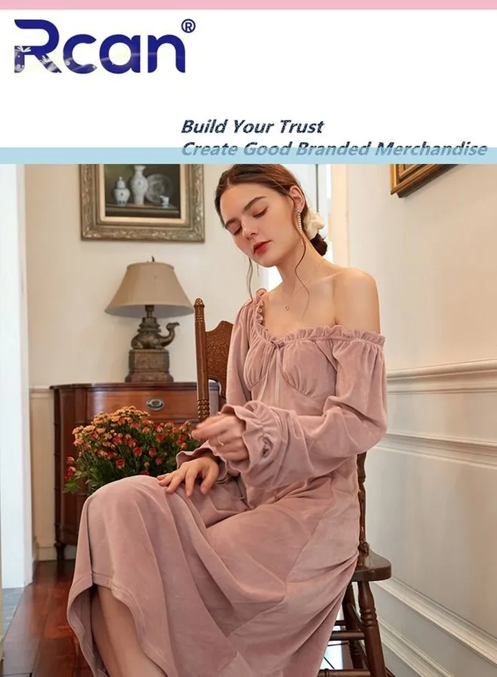 Women'S Long Sleeve Pajamas French Retro Velvet Nightgown V Neck Sleepwear Pleated Cinch Ribbon Nightdress Soft and Warm Can Be Worn Outside Long Home Wear Dress