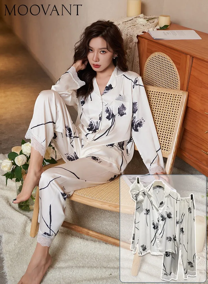 2-Piece Floral Pajamas Set Lace Edge Long Sleeve Top + Long Pajama Pants Comfortable Button Loungewear Set White/Black