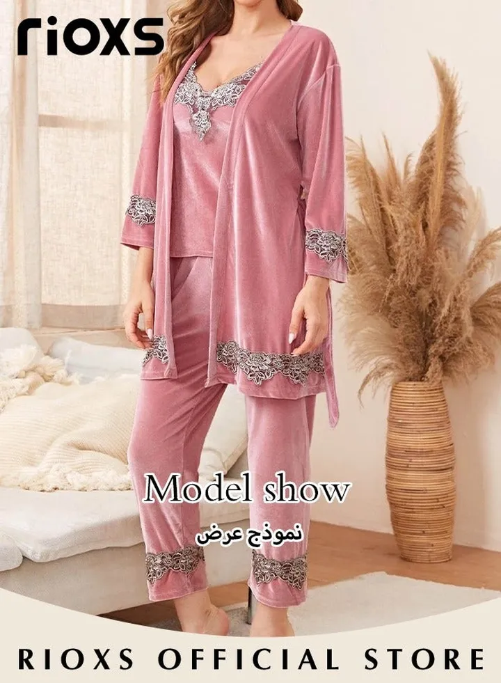 Women's 3 Pcs Pajama Sets Cami Top Nightgown Lace Sleepwear Robe Pants Sets Sleepwear Loungewear Sets