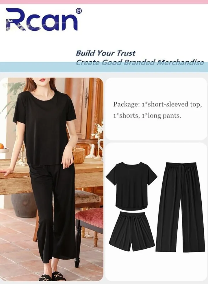 3 Piece Women's Ice Silk Thread Pajamas Stripes Traceless Round Neck Short Sleeves Sleepwear Home Elastic T Shirt Top and Pants Set for Summer