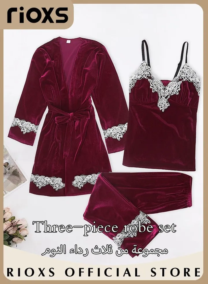 Women's 3 Pcs Pajama Sets Cami Top Nightgown Lace Sleepwear Robe Pants Sets Sleepwear Loungewear Sets