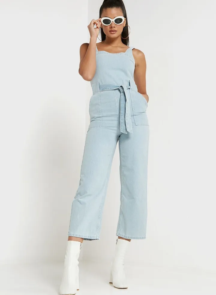 Pocket Detail Belted Denim Jumpsuit