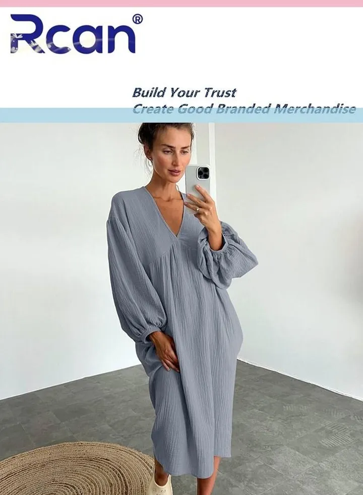 V Neck Cotton Long Sleeve Nightgown Loose Breathable Home Clothes Can Go Out Soft Skin Friendly Simple Casual Skirt Large Size Suitable for Women