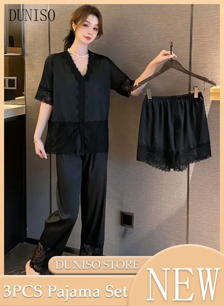 3-Piece Women's Soft Silky Pajamas Set V Neck Sleepwear Loungewear Lace Night Suit Summer Night Wear Short Sleeve Top And 2PCS Pants and Trousers Homewear Sets