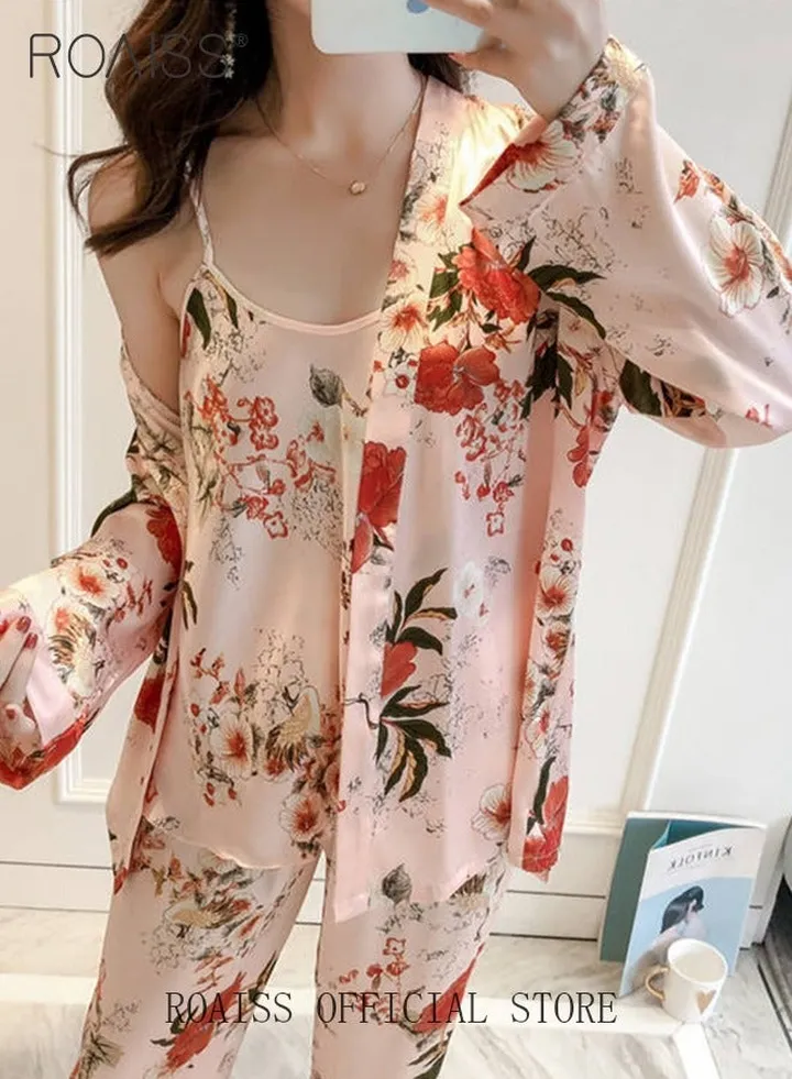 3-Piece Women'S Satin Pajamas Fashion Print Set Round Neck Suspender Top With Elastic Waistband Pants And Waist Tie Up Cardigan
