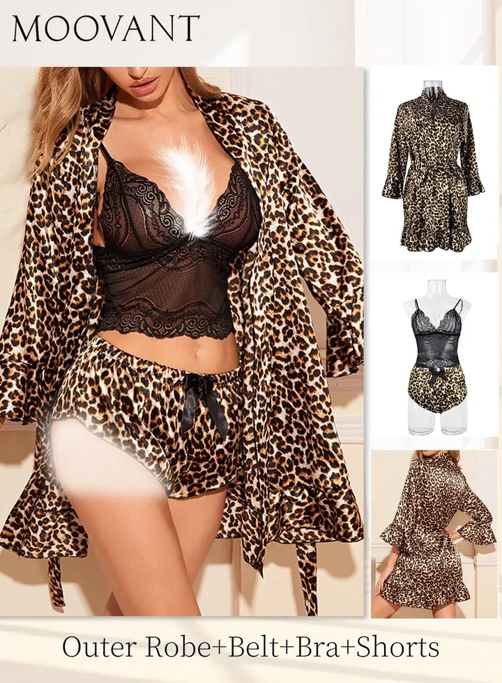 4-Piece Women's Pajamas Nightwear Set Leopard Printing Home Wear Clothes Suits Sleepwear Silk Satin Bathrobe Set Ladies Lingerie Robe Belt Underwear Panties Suits