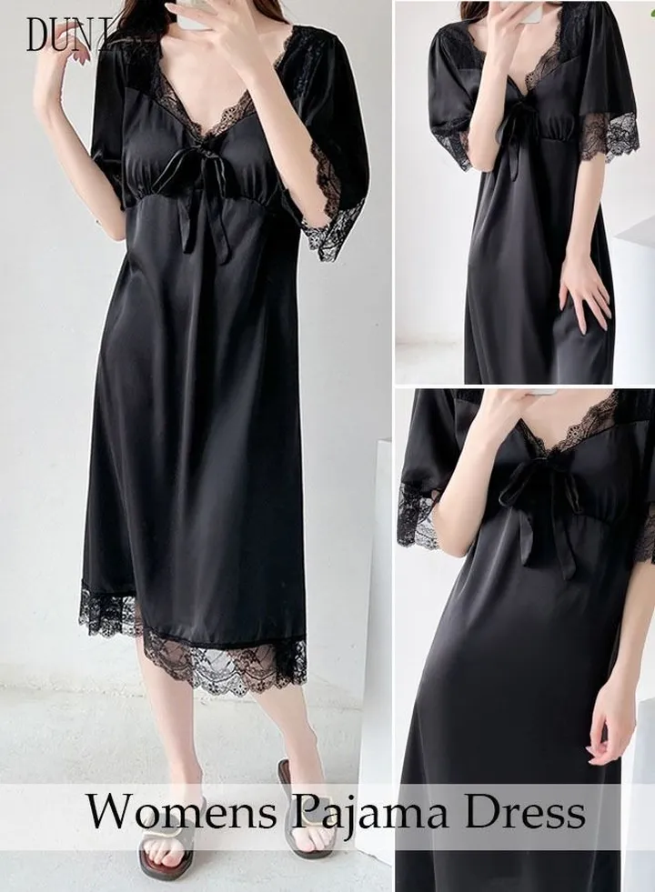 Women's Lace Short Sleeve Nightgown Sweet Silk Pajama Dress Sleepwear Girls Comfortable V Neck Nightwear Summer Home Wear Lounge Dress