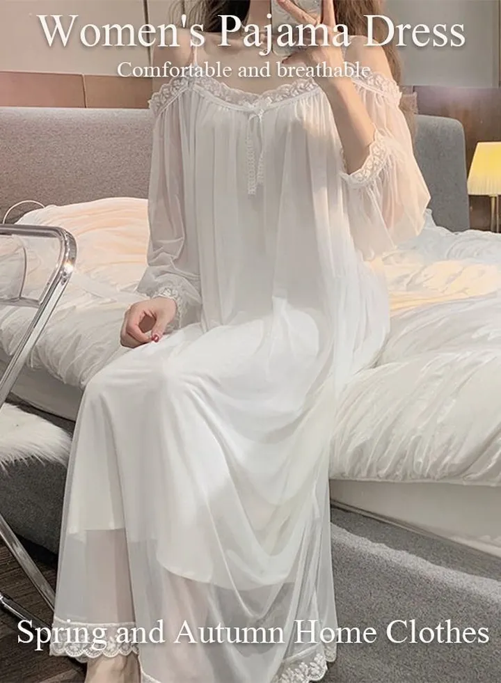 Women's Lace Long Sleeve Nightgown Sweet Pajama Dress Sleepwear Girls Comfortable Nightwear Spring and Summer Home Wear Lounge Dress