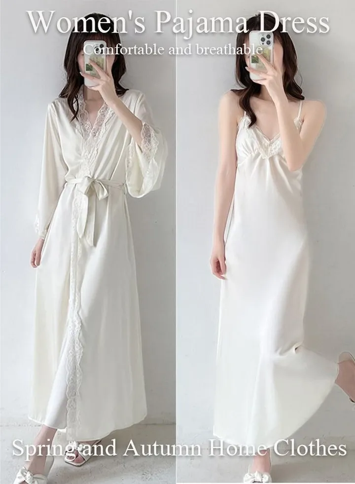 2PCS Women's Satin Nightgown with Robes Set Sweet Pajama Dress Ice Silk Sling Lace Nightdress Long Sleeve Robe Loungewear with Pad and Belt Female Soft Sleepwear Home Wear