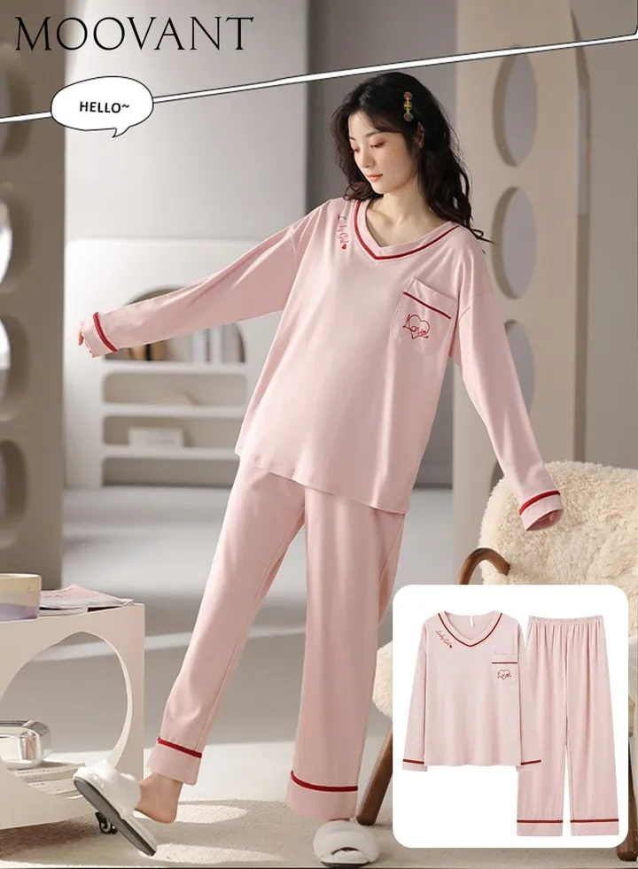 2-Piece Women's Pajamas Set Long Sleeve Pants Skin Friendly Home Wear Sleepwear Soft Sweet Pajamas set Loungewear Pink