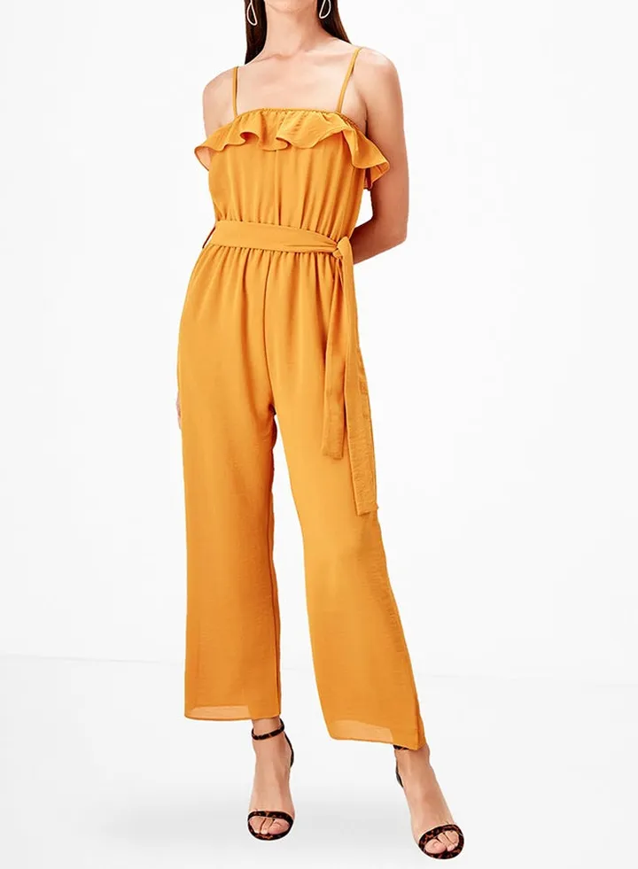Ruffle Trim Belted Jumpsuit Tobacco