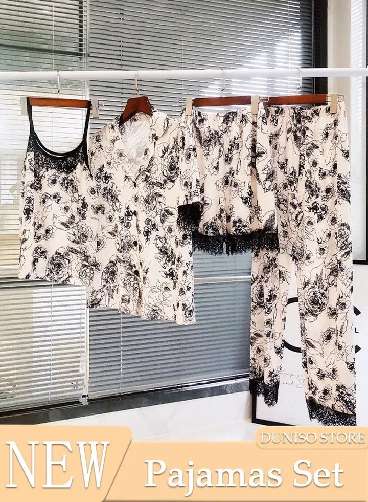 Cooling Satin Pajamas for Women 4pcs Pajama Set with Shorts Set and Button Down Long Sleeve Pjs Loungewear Sleepwear Lace Loungewear