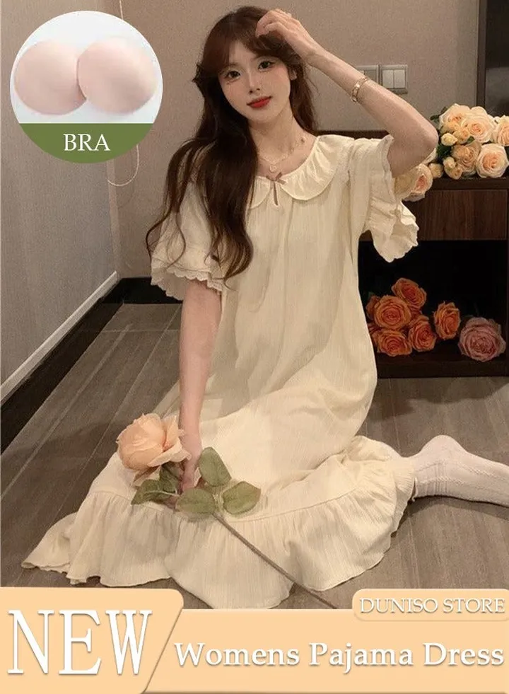 Women's Short Sleeve Nightgown Sweet Pajama Dress Sleepwear Girls Comfortable V Neck Nightwear Summer Home Wear Lounge Dress