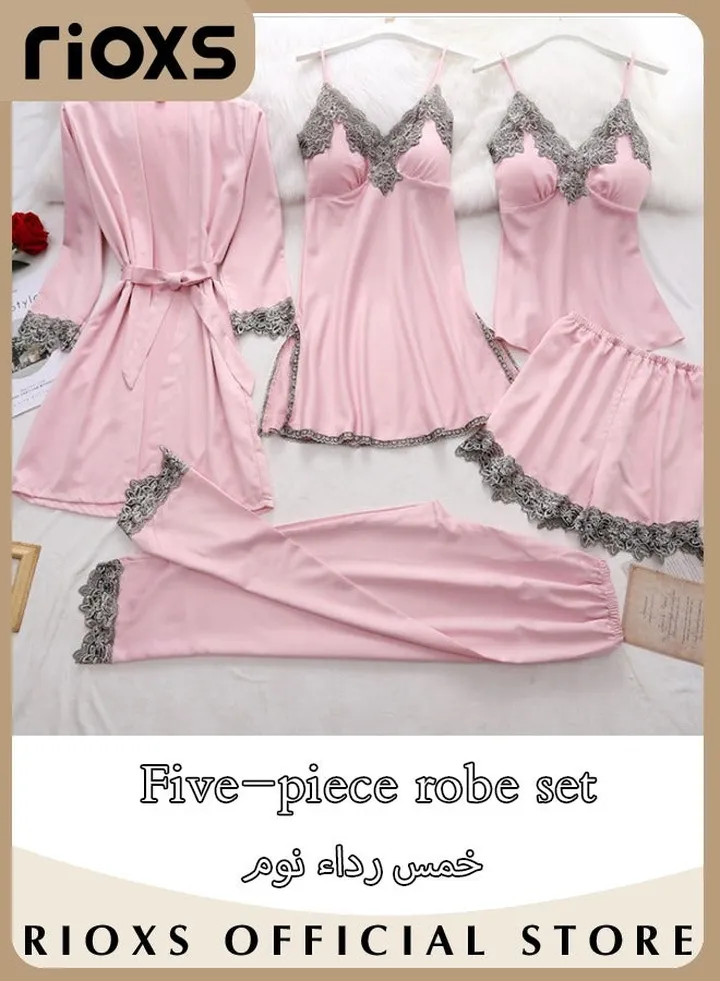 5 Pcs Ice Silk Pajama Sets for Women Lace Cami Top Nightdress Nightgown Pants Shorts Suspender Sleepwear Dress Robe Suits Soft Skin Friendly Loungewear Pajamas Sets