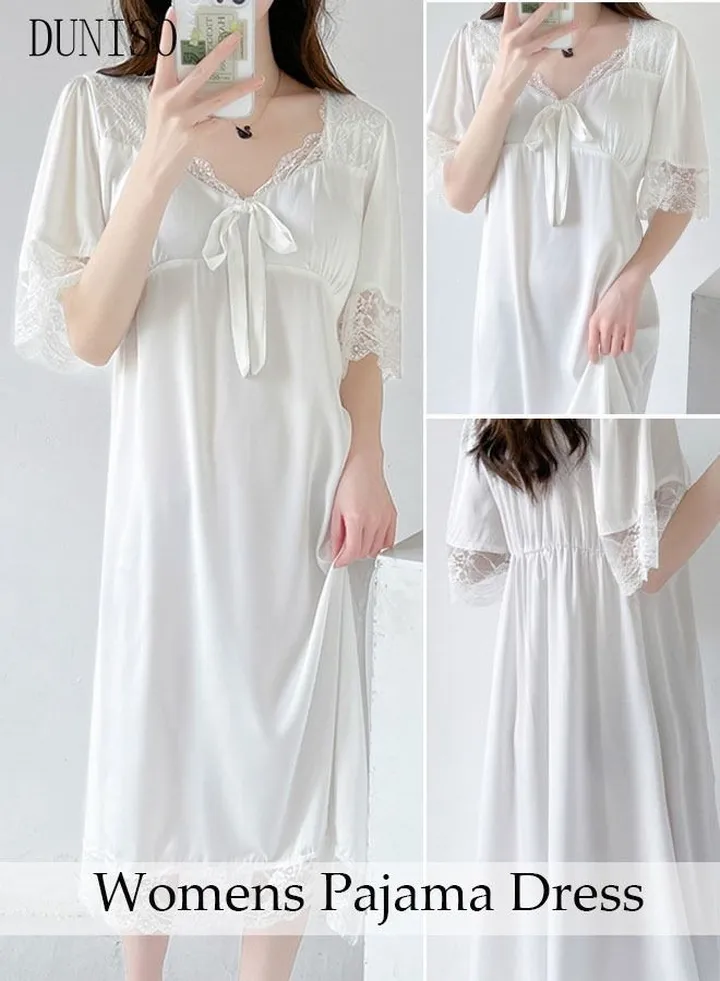 Women's Lace Short Sleeve Nightgown Sweet Silk Pajama Dress Sleepwear Girls Comfortable V Neck Nightwear Summer Home Wear Lounge Dress