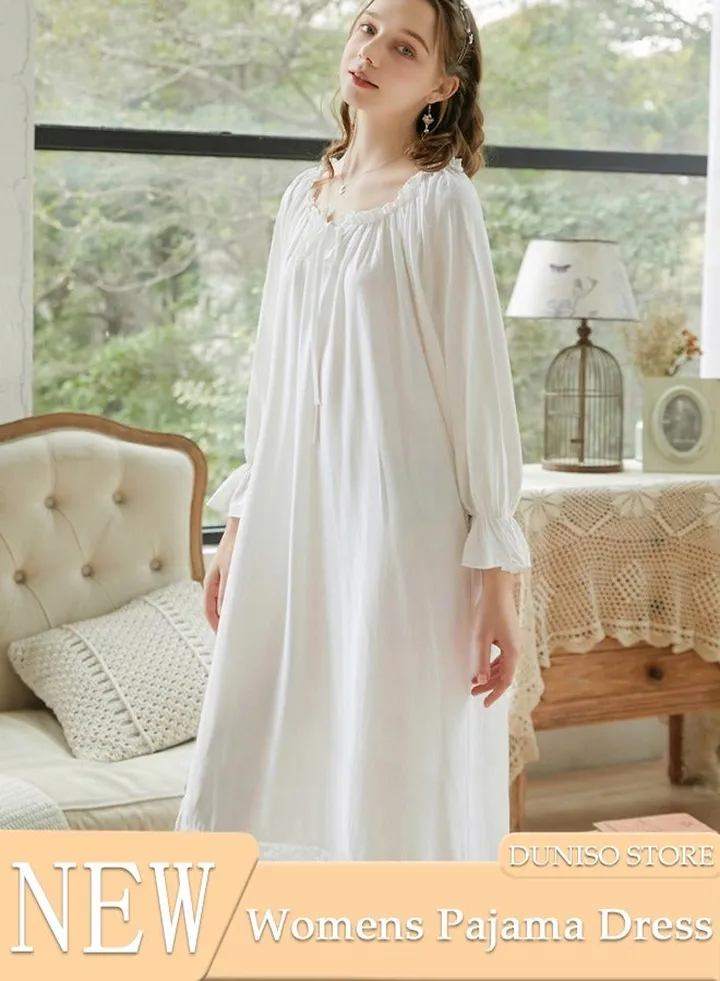Women's Long Sleeve Nightgown Sweet Cotton Pajama Dress Sleepwear Girls Comfortable Round Neck Nightwear Summer Home Wear Lounge Dress