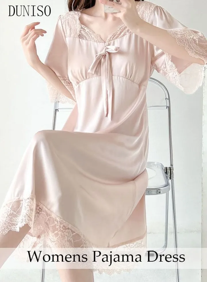 Women's Lace Short Sleeve Nightgown Sweet Silk Pajama Dress Sleepwear Girls Comfortable V Neck Nightwear Summer Home Wear Lounge Dress