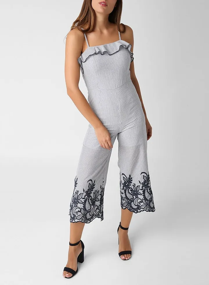 Square Neck Striped Embroidered Jumpsuit Blue