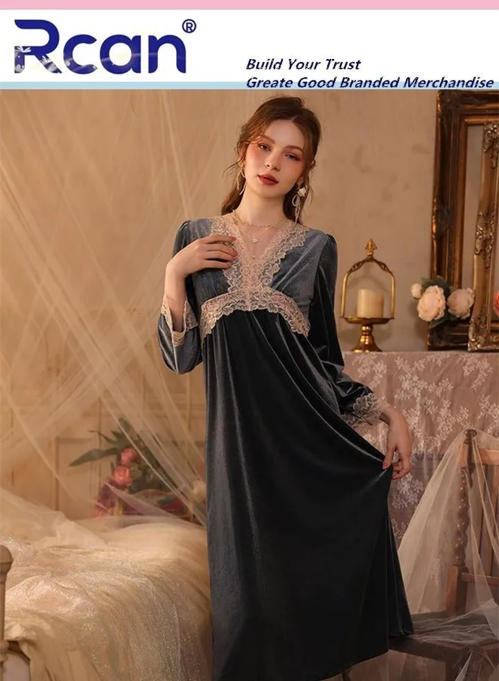 Women'S Long Sleeve Pajamas French Retro Velvet Nightdress V Neck Sleepwear Lace Nightdress Soft and Warm Can Be Worn Outside Long Home Clothes Dress