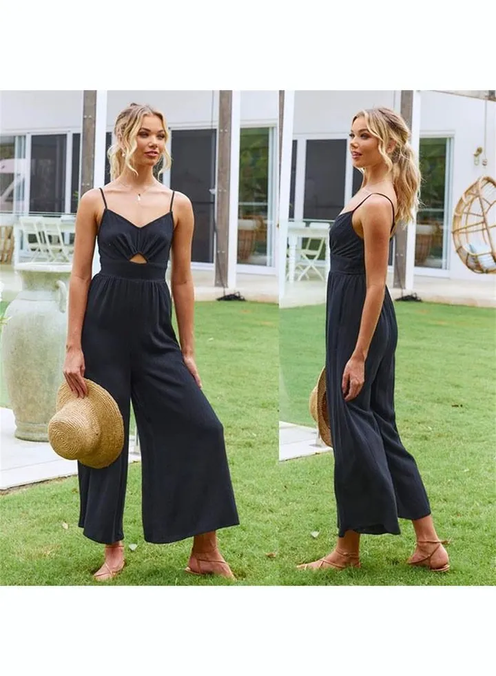 Women's V Neck casual jumpsuit Summer fashion suspender pleated high waist Rompers