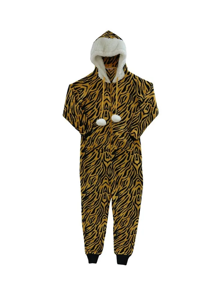 Animal Print Hooded Jumpsuit Mustard