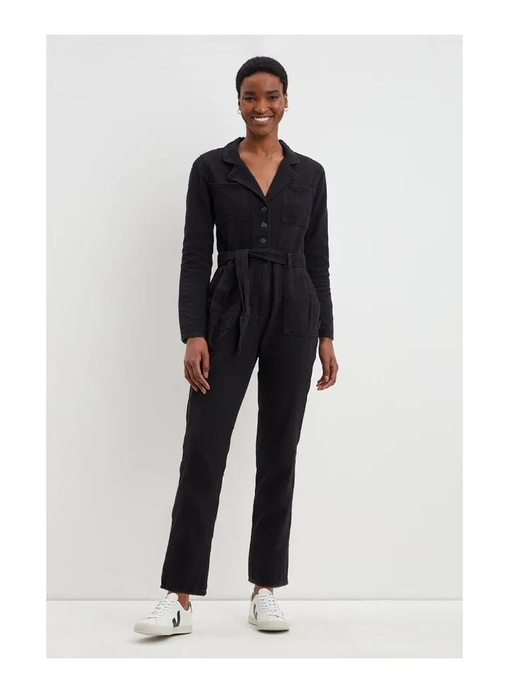 Denim Belted Revere Collar Long Sleeve Jumpsuit