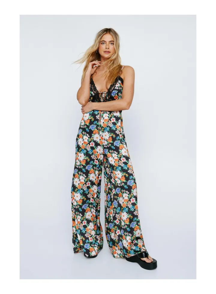 Floral Satin Lace Trim Jumpsuit