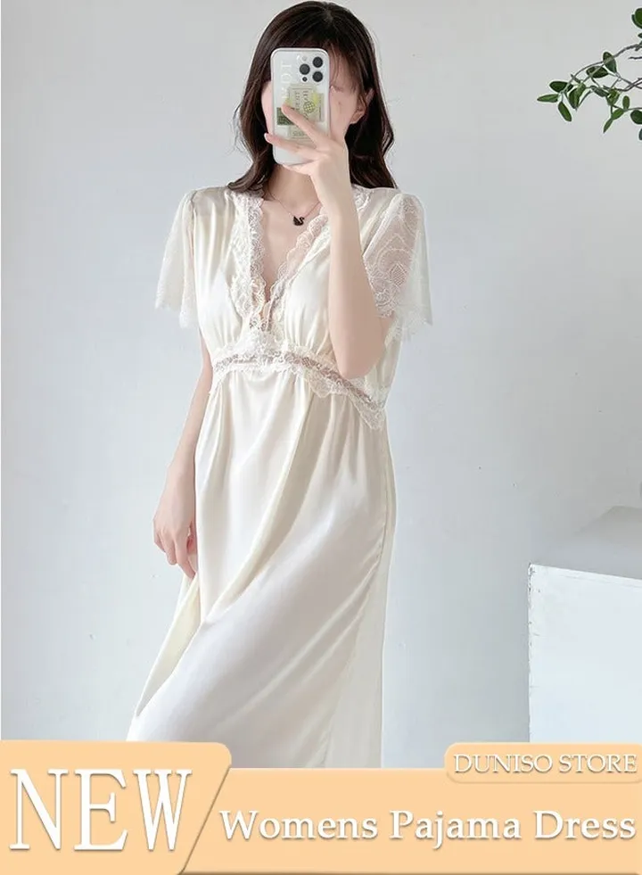 Women's Short Sleeve Nightgown Lace Pajama Dress Sleepwear Girls Comfortable V Neck Nightwear Summer Home Wear Lounge Dress