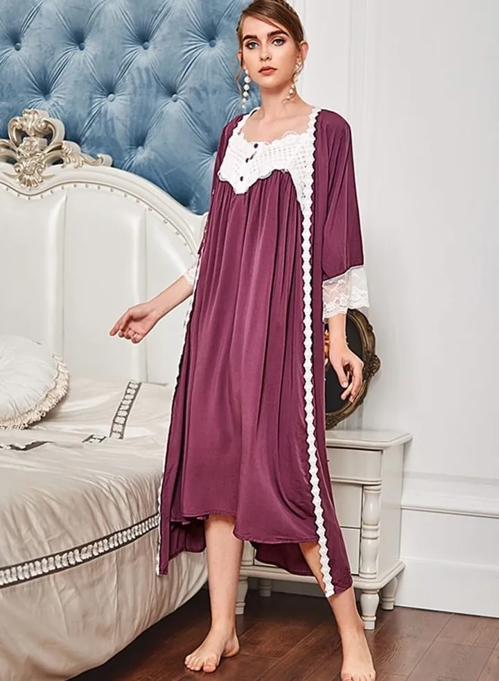 Women's Lace Court Style Nighttown Lace Suspender Nightdress Home Set Temperament Dress (Purple)