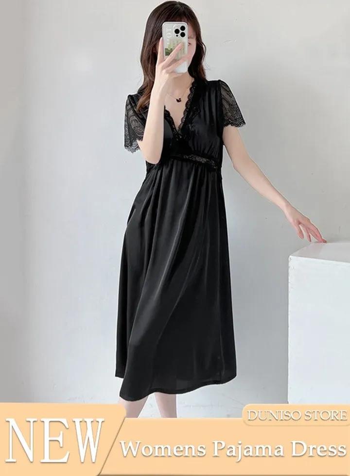 Women's Short Sleeve Nightgown Lace Pajama Dress Sleepwear Girls Comfortable V Neck Nightwear Summer Home Wear Lounge Dress