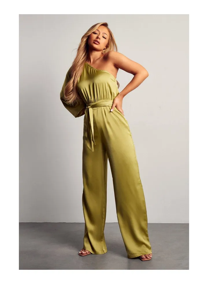 One Shoulder Satin Belted Jumpsuit