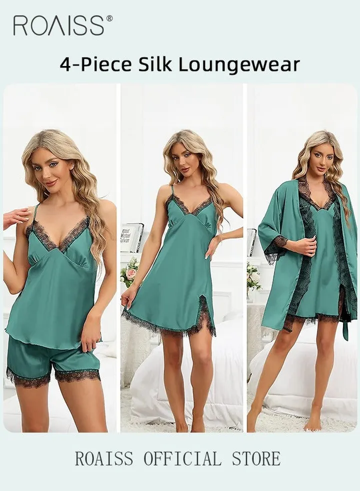 Women Four Piece Home Wear Set Comfortable Fabric Soft and Skin Friendly Lace Elements Fashionable Solid Color Design