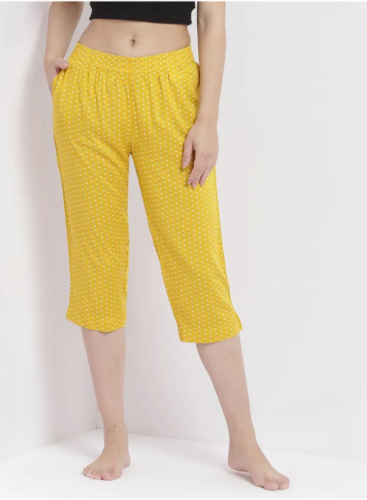 Casual Comfortable Relaxed Fit Three Quarter Pyjama Pants With Matching Scrunchie Mustard
