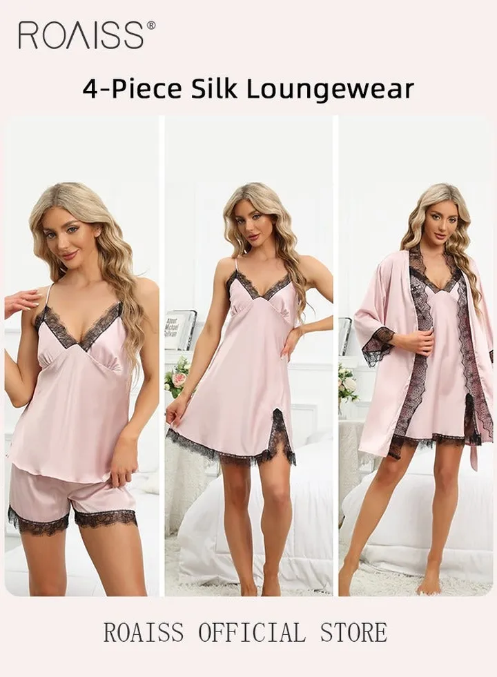 Women Four Piece Home Wear Set Comfortable Fabric Soft and Skin Friendly Lace Elements Fashionable Solid Color Design