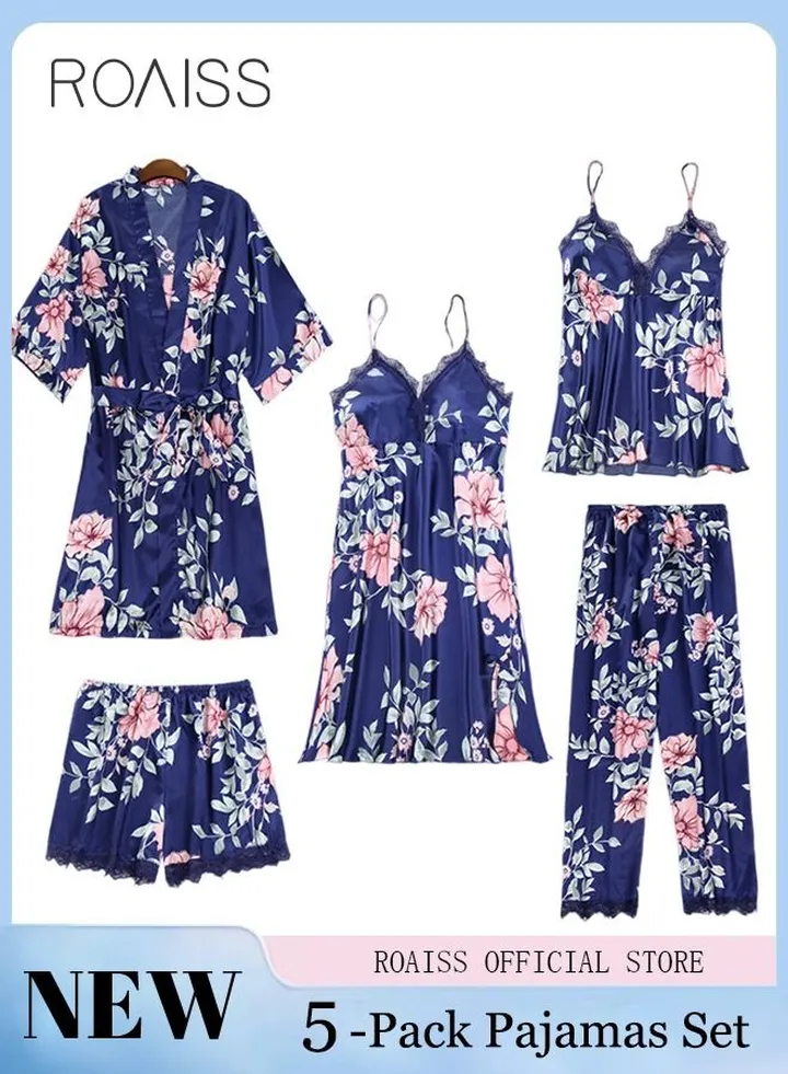 5-Pack Women's Sleepwear Sets Sling Lace Nightdress Sweet Pajama Home Wearing Clothes Loungewear Suits Floral Printing Ladies Nightwear Lingerie Robe Underwear Shorts Summer Spring Blue