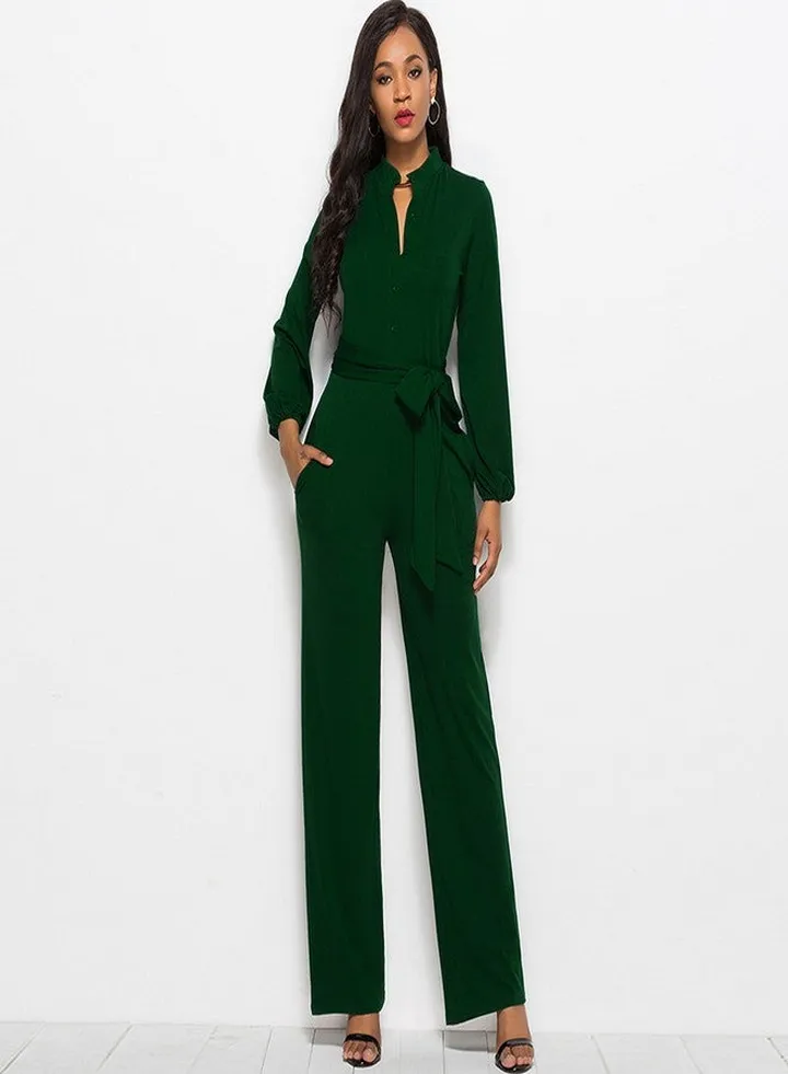 Solid Long Sleeve Slim Belted Jumpsuit Dark Green