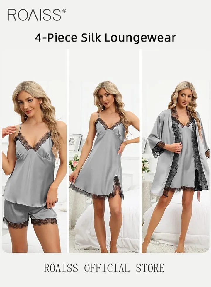 Women Four Piece Home Wear Set Comfortable Fabric Soft and Skin Friendly Lace Elements Fashionable Solid Color Design