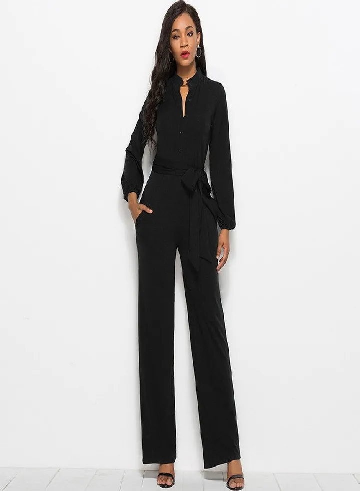 Solid Long Sleeve Slim Belted Jumpsuit Black
