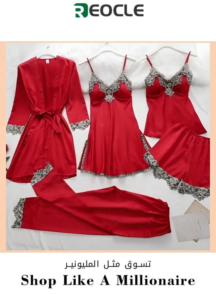 Women's Pajama Sets 5 PCS Silk Pajamas Comfortable Skin-friendly Sleepwear Loungewear Satin Pajamas Sets for Women